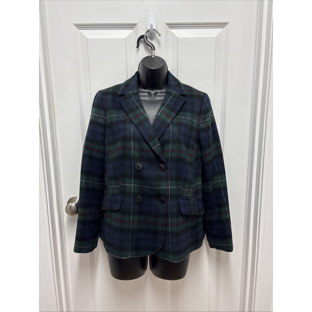 Talbots Plaid Double Breasted Blazer Jacket Women Navy Green Red Wool Blend- 10P